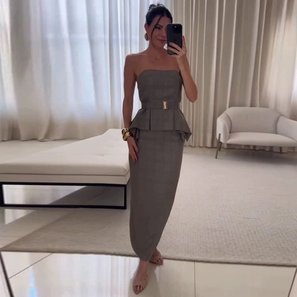 Forever 21 Summer Gray Fitted Waist Strapless Back Slit Dress Set
